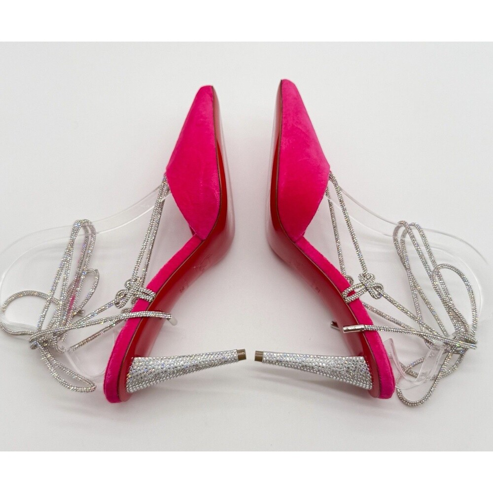 CHRISTIAN LOUBOUTIN Astrid Lace Strass 85 Pink Velvet Pumps Ankle Tie EU 39 US 9 - Picture 5 of 13